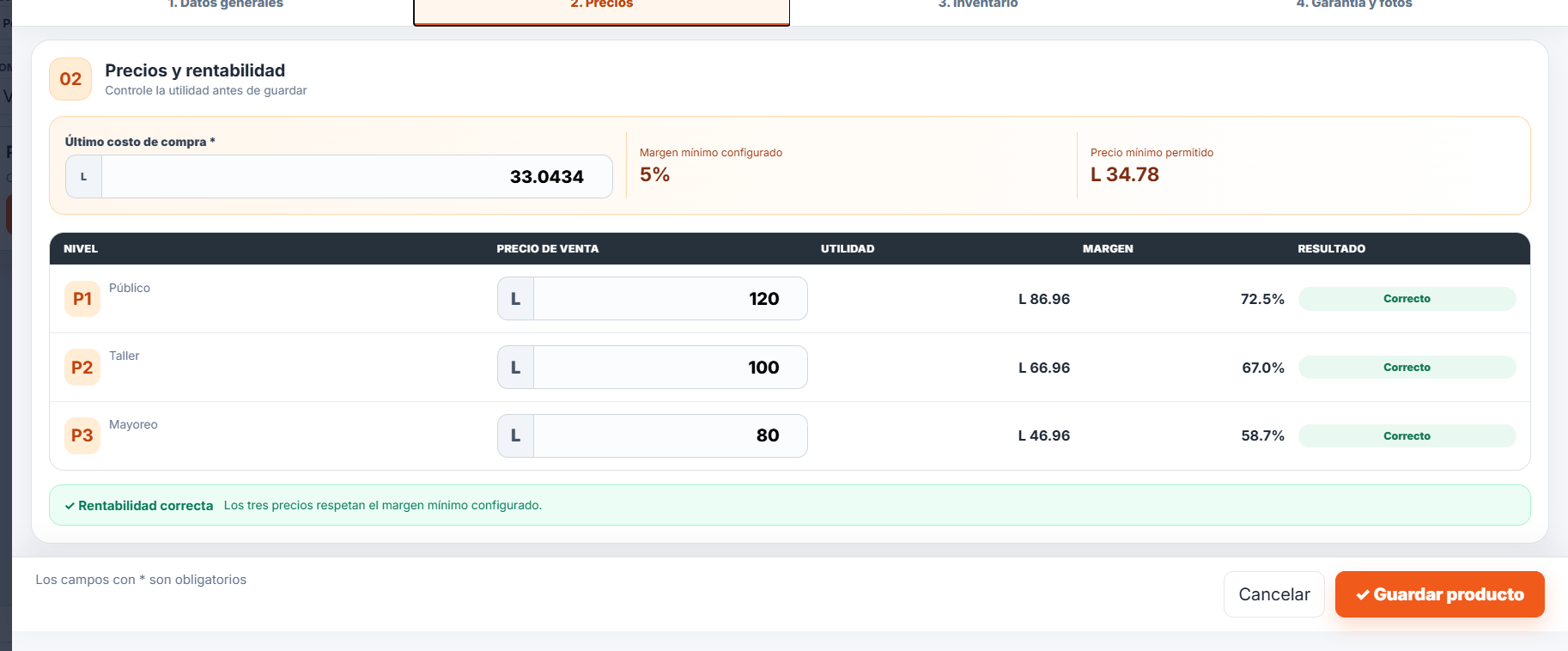 Captura real del registro de productos y precios KAIROS